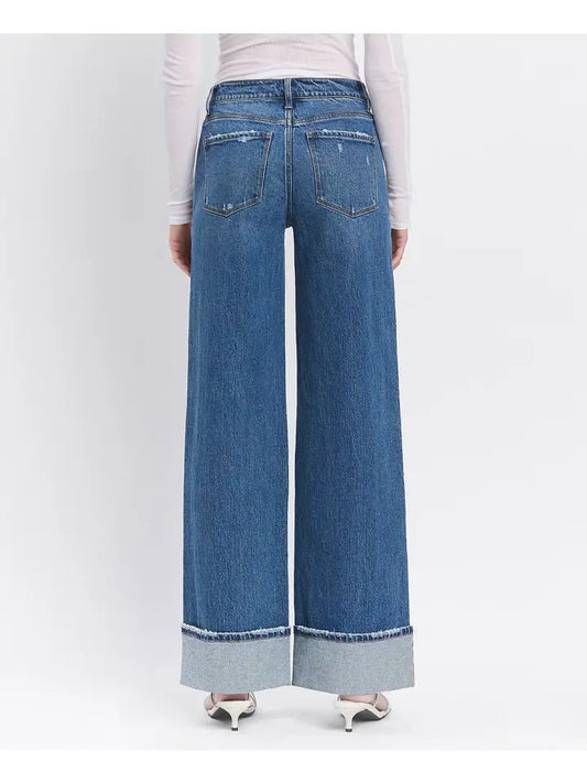 High Rise Cuffed Panel Baggy Wide Jeans