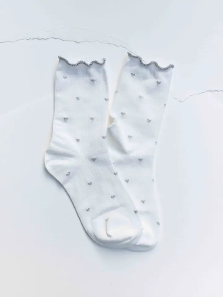 Mini Heart Ruffle Cotton Blend Socks | White/Silver