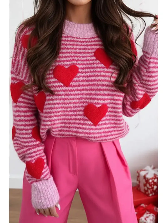 Heart Valentine Pattern Brushed Knit Sweater | Rose Stripe