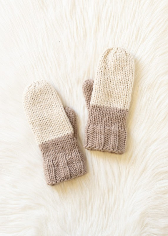 Color Block Knit Mittens | Beige & Taupe
