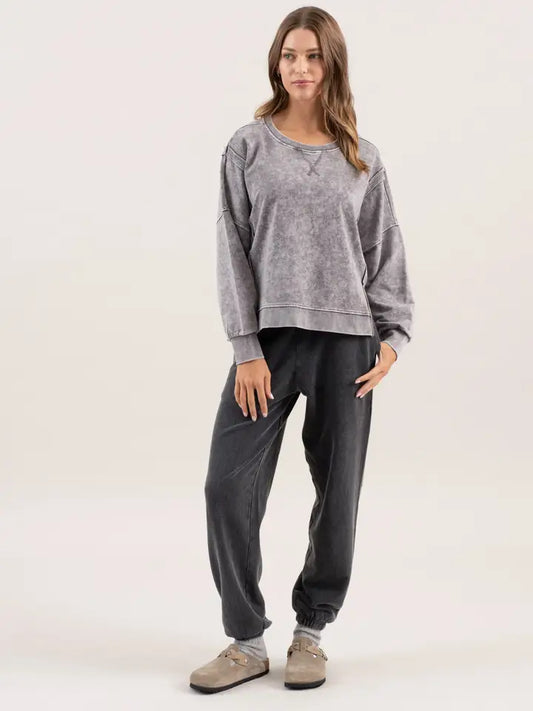 Washed Extended Shoulder Knit Top | Charcoal