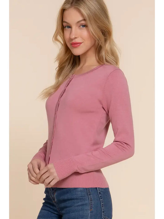 Round Neck Button Down Sweater Cardigan | Fondant Pink