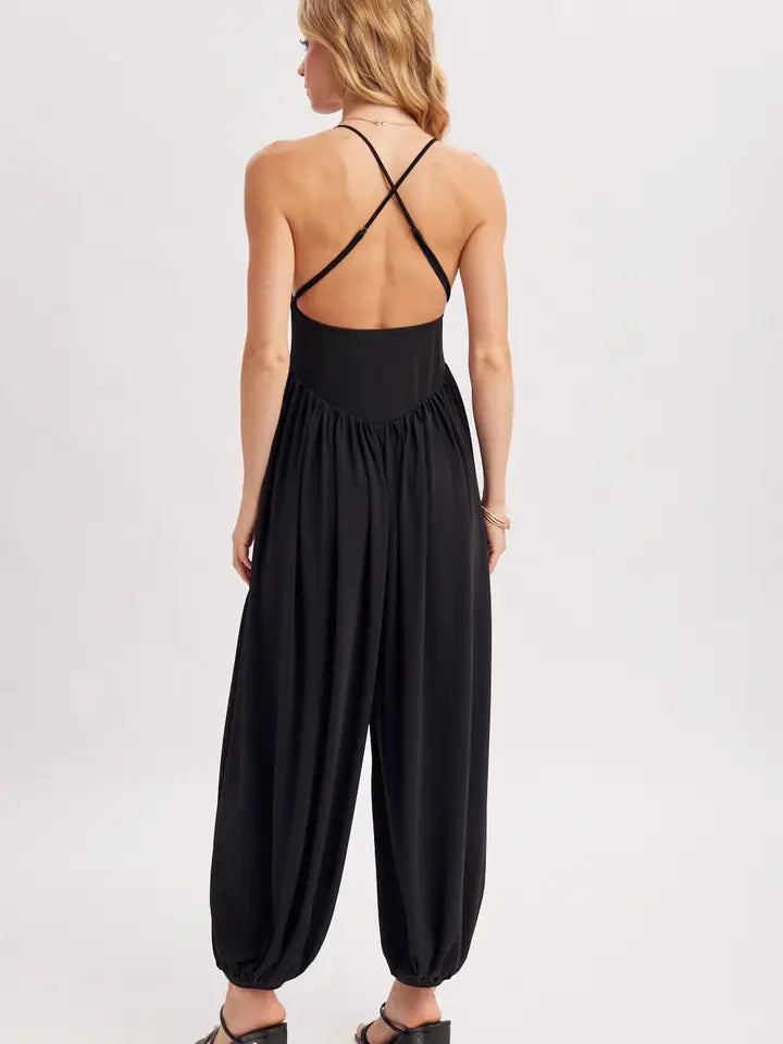 V-Neck Relaxed Flowy Legs Jumpsuit Criss-Cross Open Back | Black
