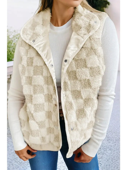 Lily Sherpa Checkerboard Snap Button Vest | Khaki