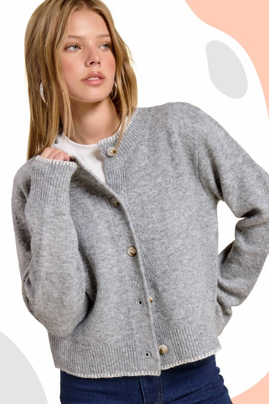 Fuzzy Cardigan With Marble Button & Blanket Stitch | Smoky Heather