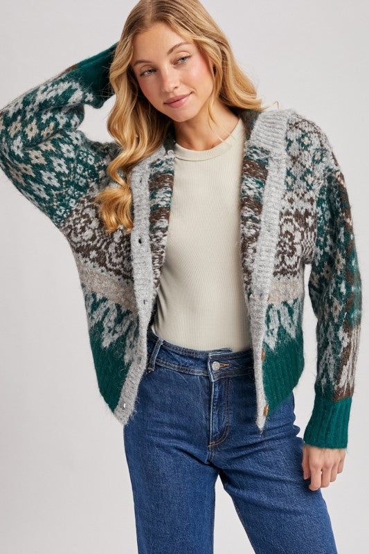 Fair Isle Button Down Knit Sweater Cardigan Hoodie | Green