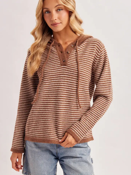 Henley Sweater With Hoodie | Mocha/Cream