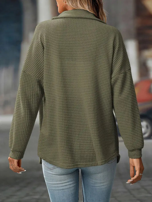 Waffle Knit Button-Up Top | Army Green