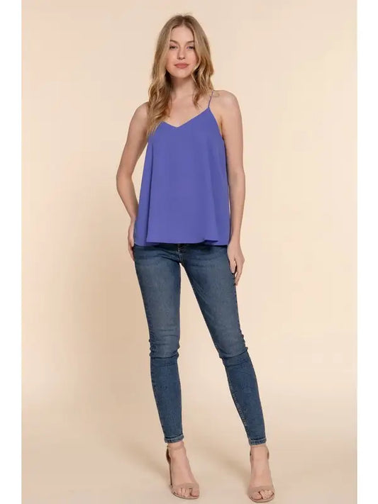 Victoria V-Neck Back Cross Strap Woven Cami Top | Peri Blue
