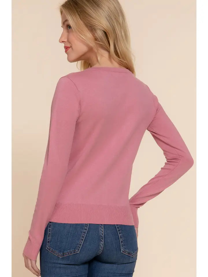 Round Neck Button Down Sweater Cardigan | Fondant Pink