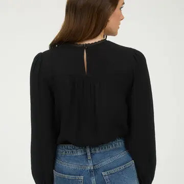 Lace Detail Round Neck Long Sleeve Blouse | Black