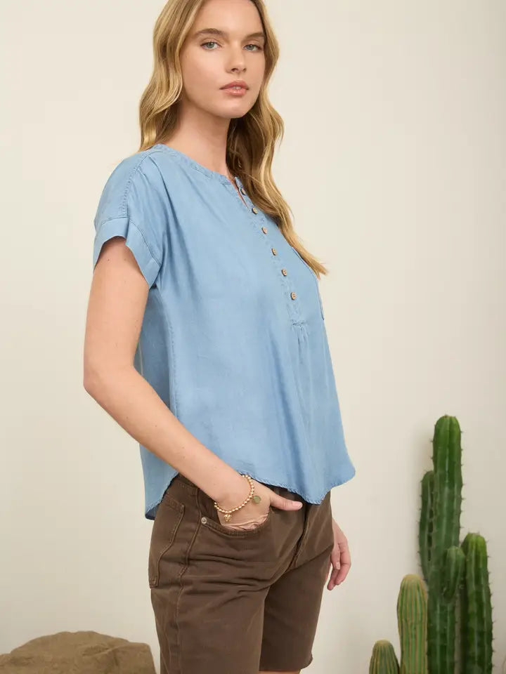 Chambray Henley Ruched Shoulder Short Sleeve Top | Chambray