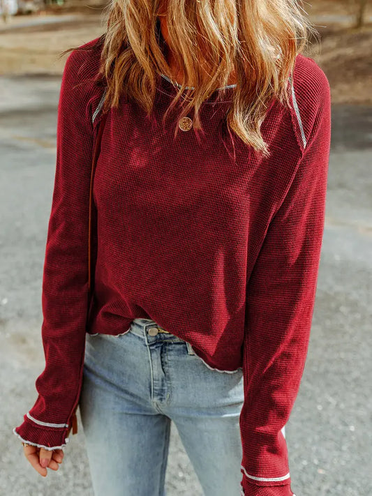 Textured Round Neck Long Sleeve Top | Fiery Red