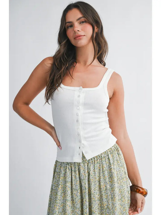 Pointelle Button Front Cami Tank | White