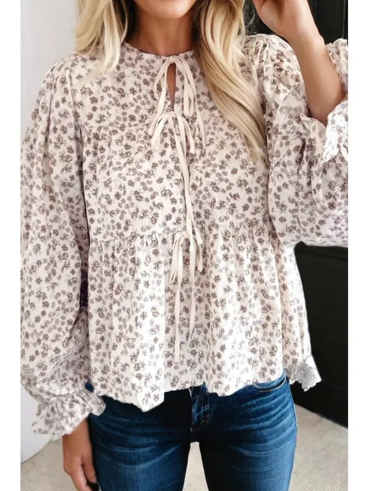 Nina Bow Tie Front Floral Flounce Sleeve Peplum Blouse | White