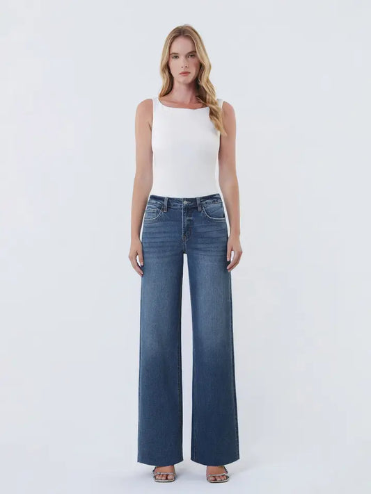 Annie High Rise Clean Cut Raw Hem Wide Leg Jeans |Dark Wash