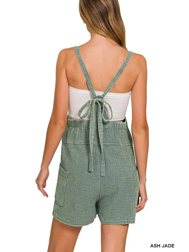 Washed Double Gauze Tie Back Rompers | Lt. Olive