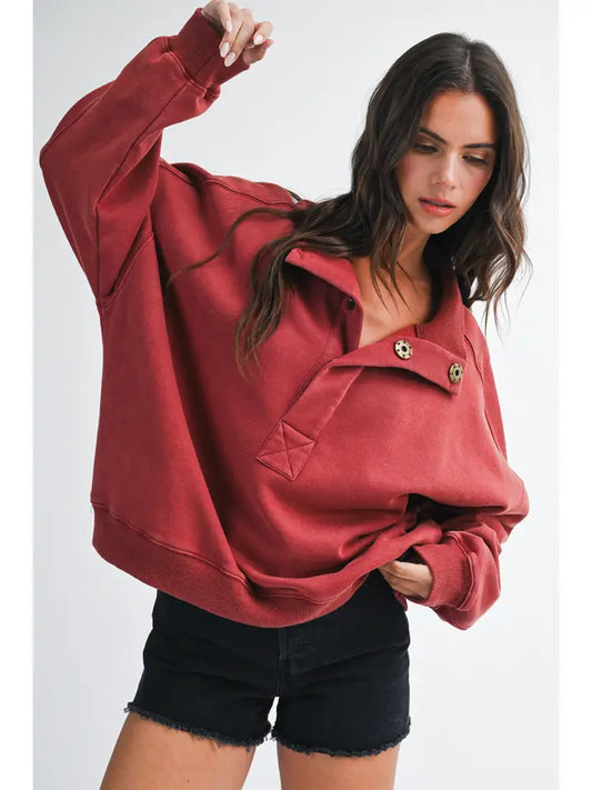 Orion Oversized Snap Neck Pullover Sweatshirt | Mulberry