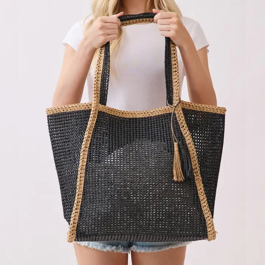 Two-Tone Woven Straw Tote Bag | Black