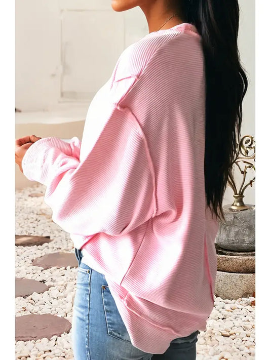 Horizontal Ribbed Exposed Seam Detail Top | Pink