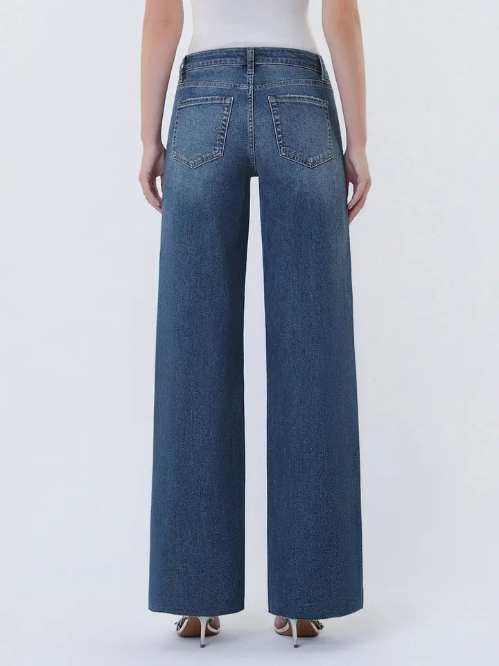Annie High Rise Clean Cut Raw Hem Wide Leg Jeans |Dark Wash