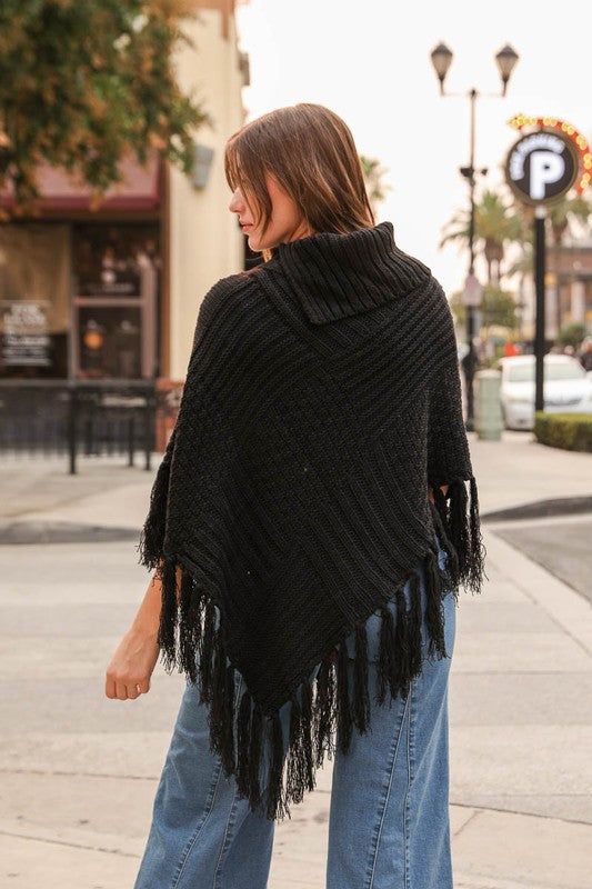 Juniper High Neck Multi Tasseled Poncho | Black