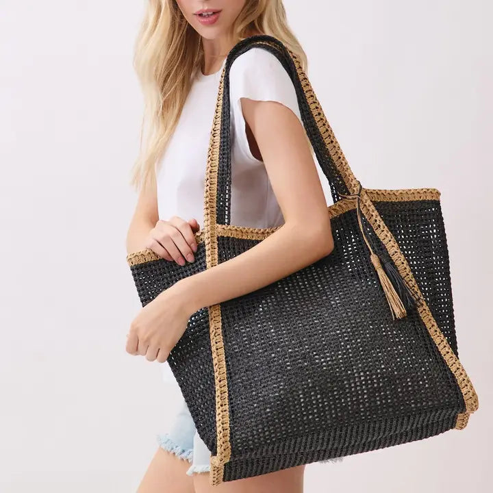 Two-Tone Woven Straw Tote Bag | Black