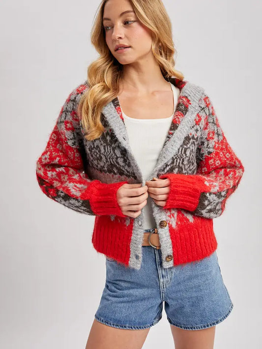 Fair Isle Button Down Sweater Cardigan Hoodie | Red