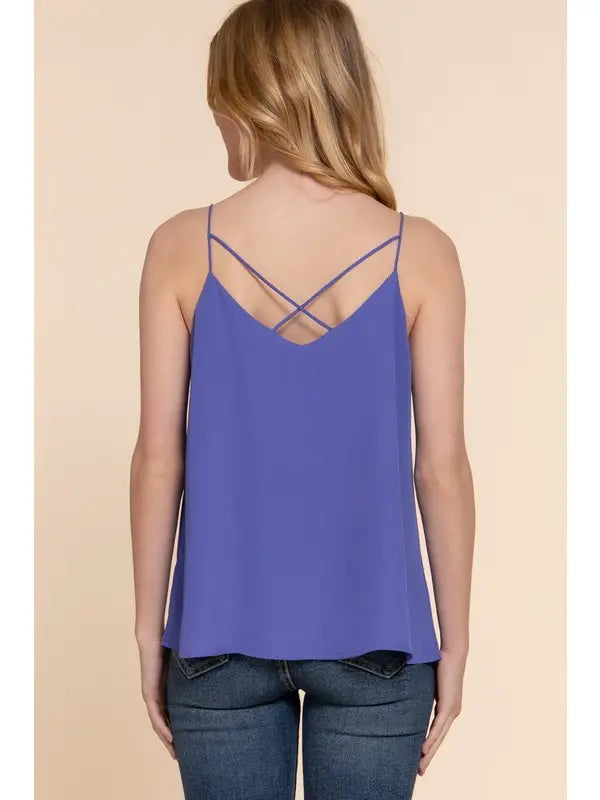 Victoria V-Neck Back Cross Strap Woven Cami Top | Peri Blue