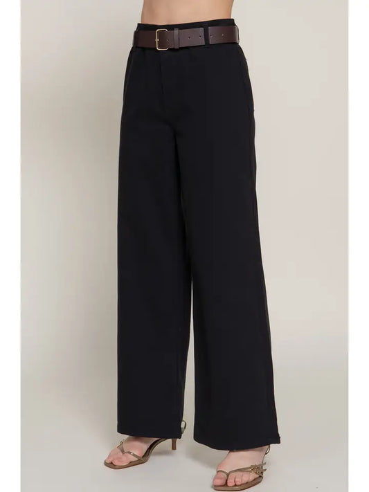 Belted Relaxed Leg Twill Stretch Pants | Black
