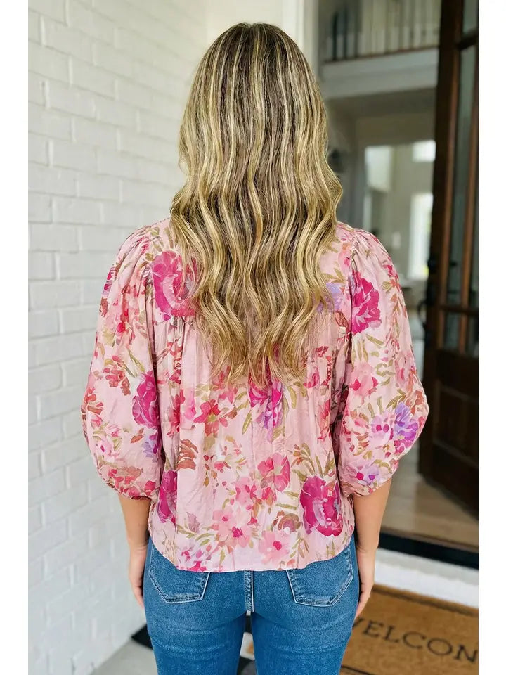 Maeve Floral Print Tie Neck Puffy Blouse | Pink