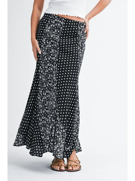 Polka Dot Floral Mix Maxi Skirt | Black