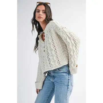 Aurea Textured Crop Henley Knit Sweater | Pearl