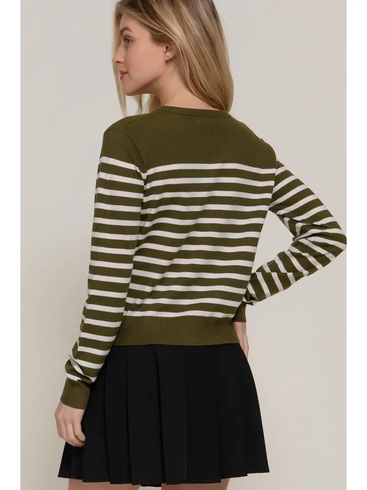 Liv Long Sleeve Crew Neck Stripe Sweater Cardigan | Olive/Cream