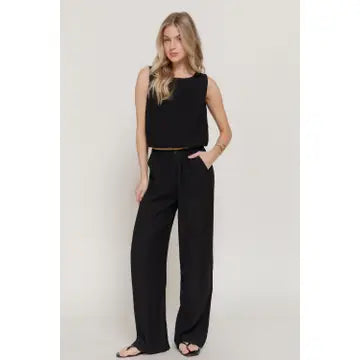 Cala Elastic Waistband Crinkle Woven Long Pants | Black