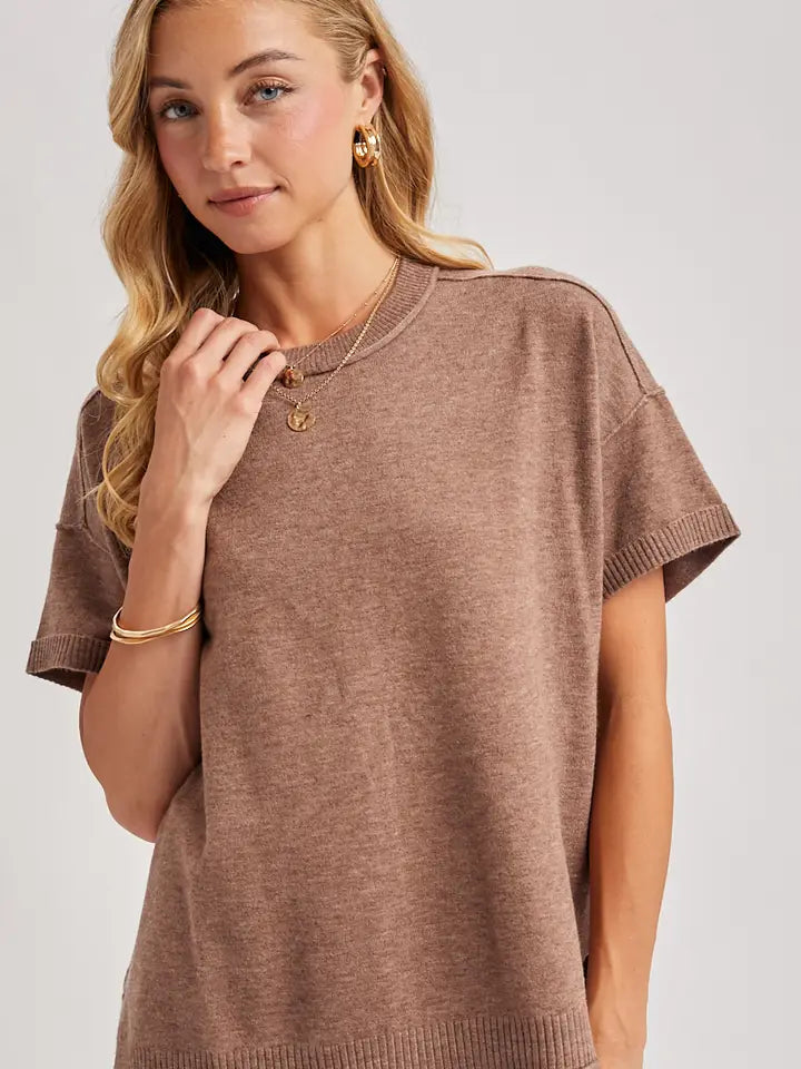 Crew Neck Knit T-Shirt | Mocha