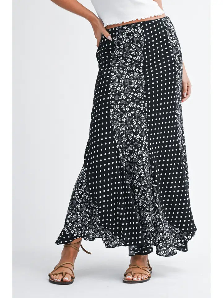 Polka Dot Floral Mix Maxi Skirt | Black