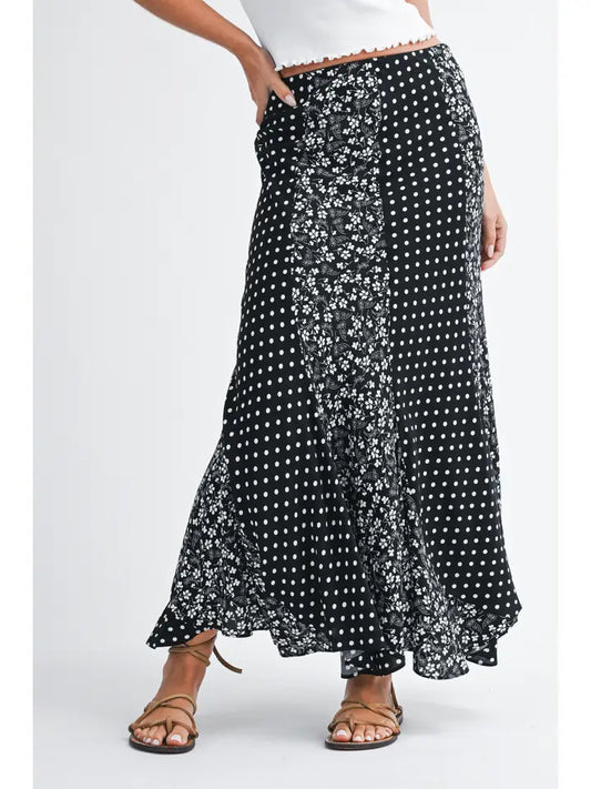 Polka Dot Floral Mix Maxi Skirt | Black