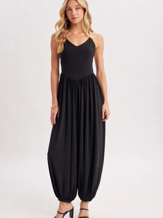 V-Neck Relaxed Flowy Legs Jumpsuit Criss-Cross Open Back | Black