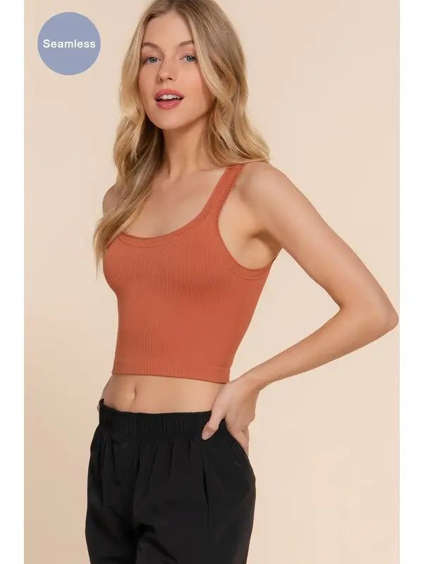 Double Scoop Neck Seamless Crop Tank Top | Terracotta