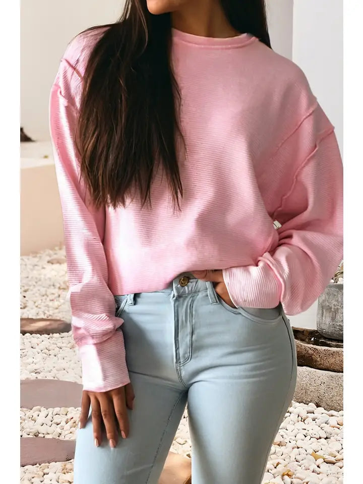 Horizontal Ribbed Exposed Seam Detail Top | Pink