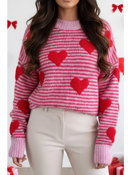 Heart Valentine Pattern Brushed Knit Sweater | Rose Stripe