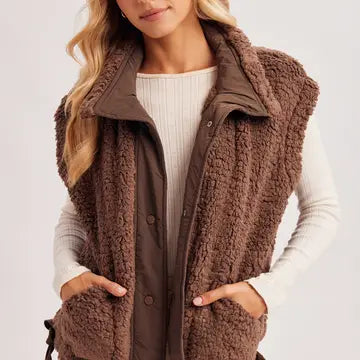 Cara Button Down Mock Neck Fleece Sherpa Vest | Coco
