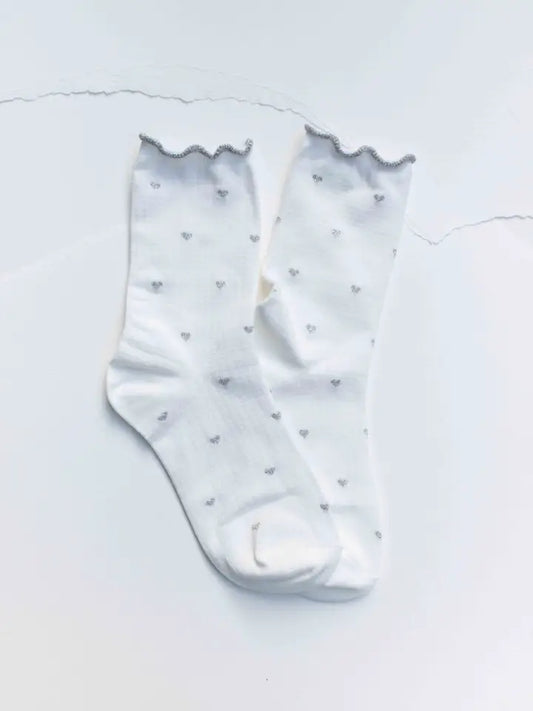 Mini Heart Ruffle Cotton Blend Socks | White/Silver