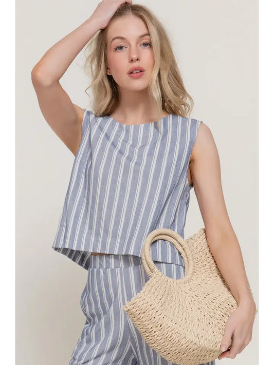 Nancy Sleeveless Striped Knit Top with Back Bow Detail | Blue/Off White