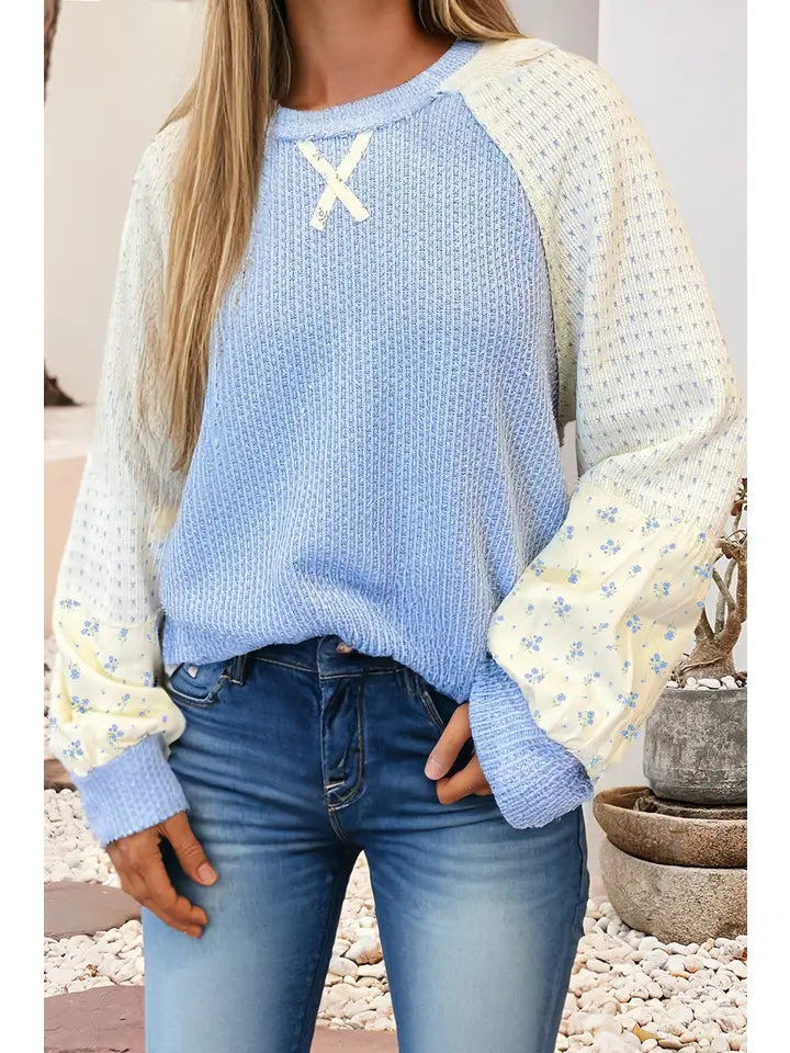 Spring Knit Color Block Floral Patchwork Long Sleeve | Beau Blue