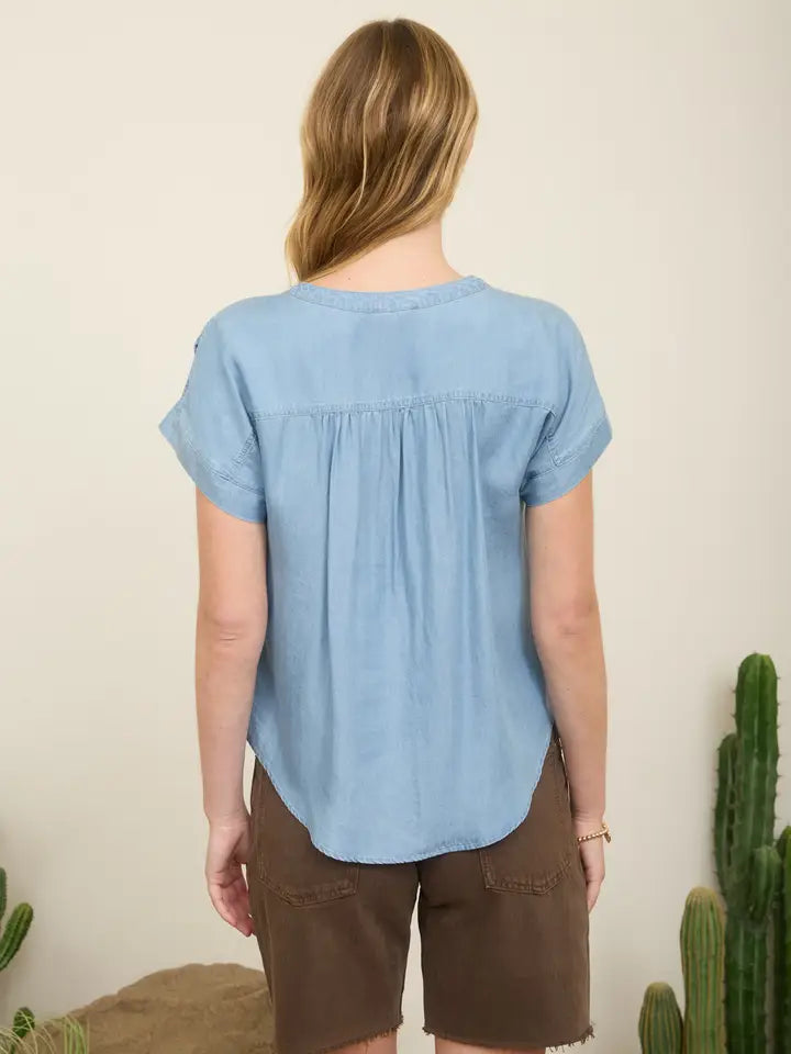 Chambray Henley Ruched Shoulder Short Sleeve Top | Chambray