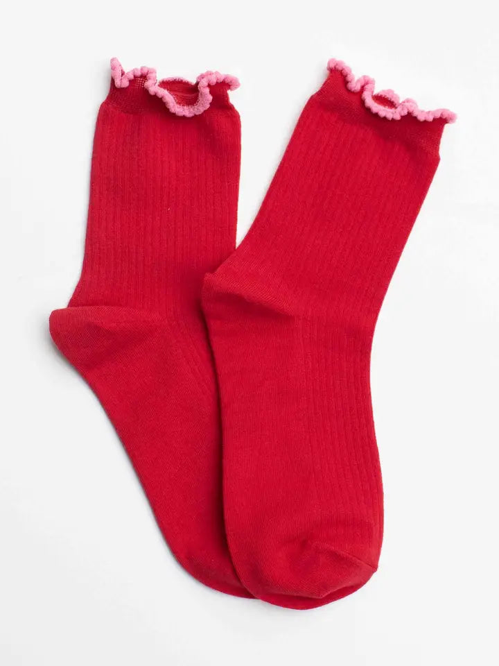 Ruffle Edge Cotton Blend Socks | Red/Pink