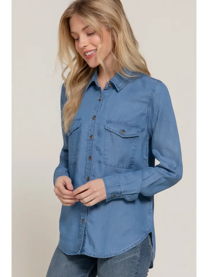 Daisy Long Sleeve Button Down Shirt | Denim Blue