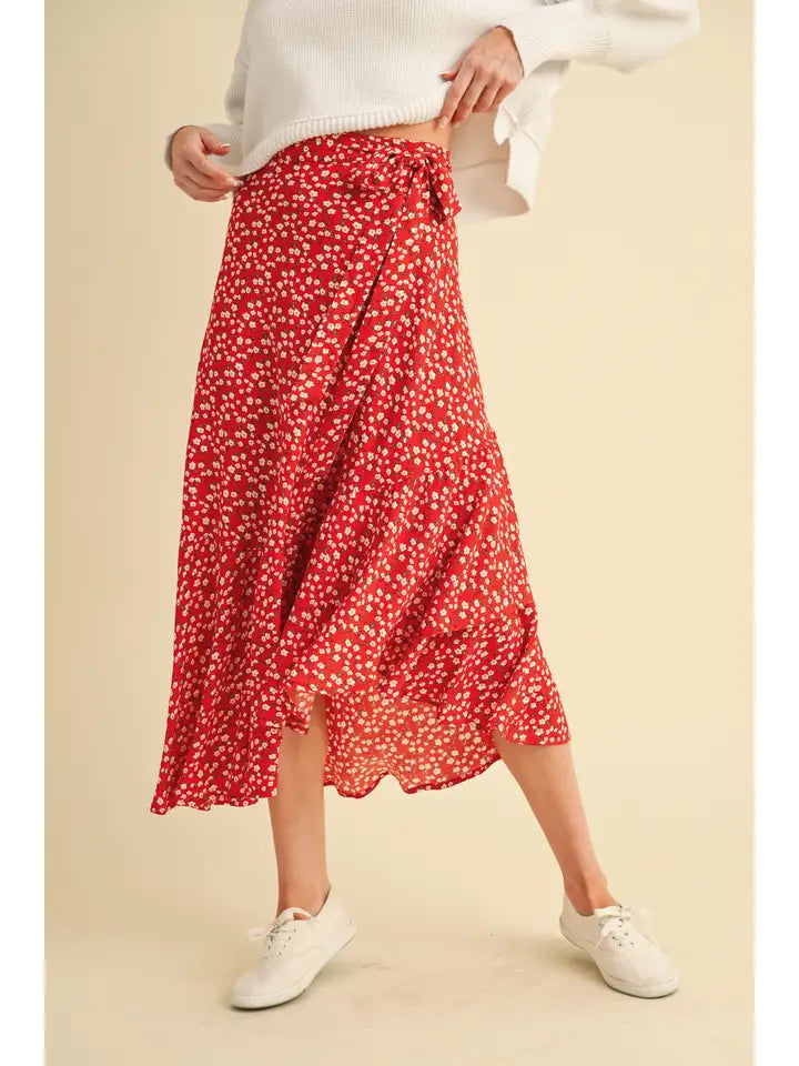 Berti Floral Wrap Skirt | Red